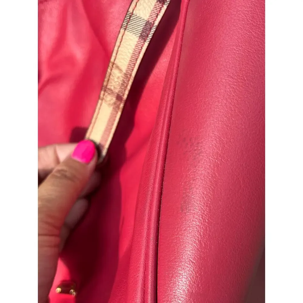 Vtg BURBERRY Red Leather Nova Check Strap Tote Bag Slouchy Hobo Shoulder Handbag